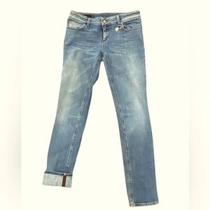 Authentic Gucci Blue Jean leggings with web stripe. Italy Size 40